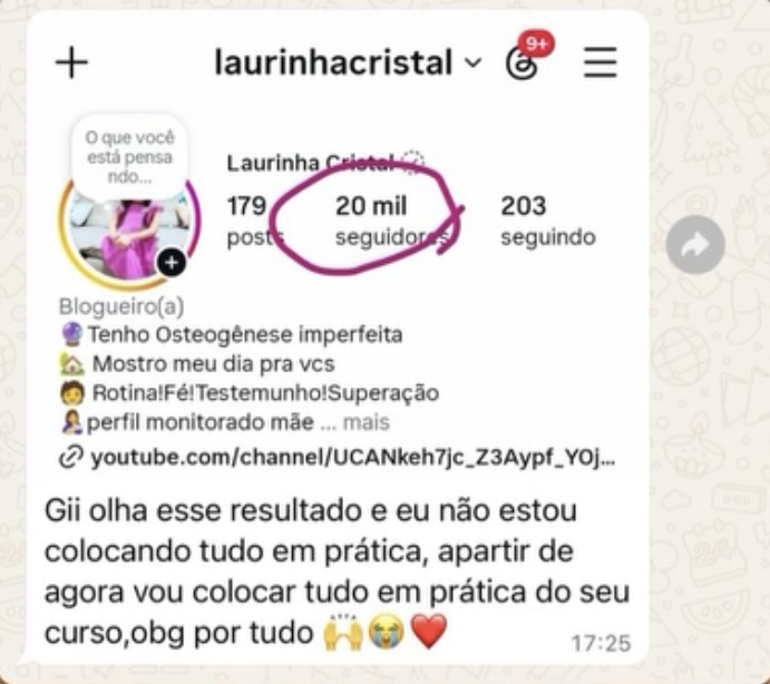 Instagram: perfil da Laurinha Cristal com 20 mil seguidores após o curso