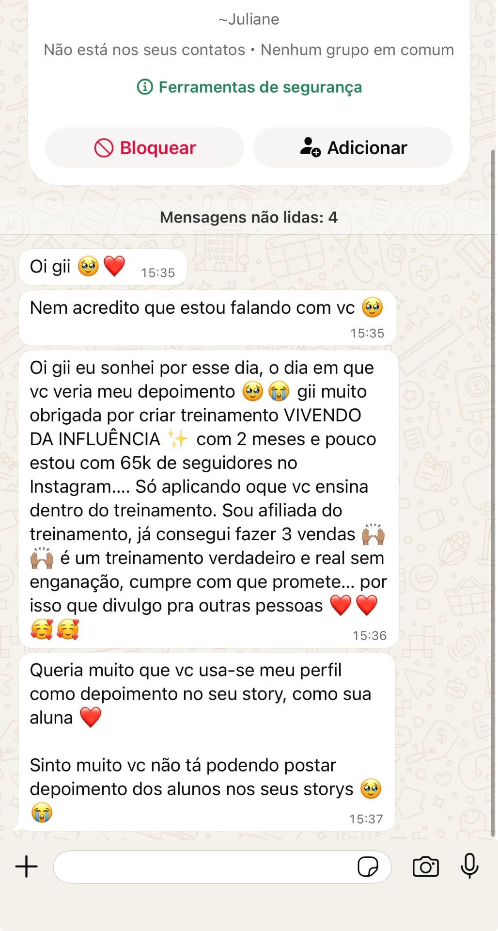 WhatsApp: aluna relata 65 mil seguidores em 2 meses aplicando o treinamento Vivendo da Influência