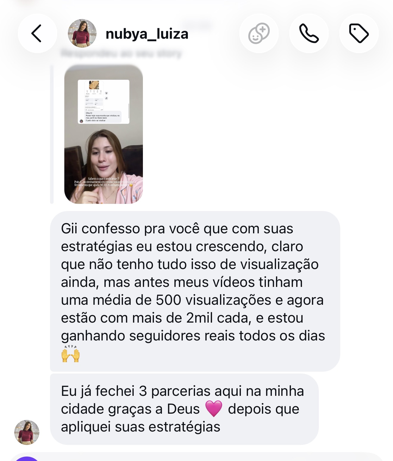 Instagram: vídeos saíram de cerca de 500 para mais de 2 mil views cada e a aluna fechou 3 parcerias na cidade